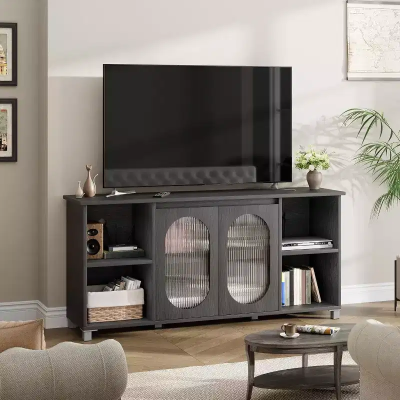 Modern TV Stand for 70 Inch TV, Black Media Console with Glass Doors and Shelves