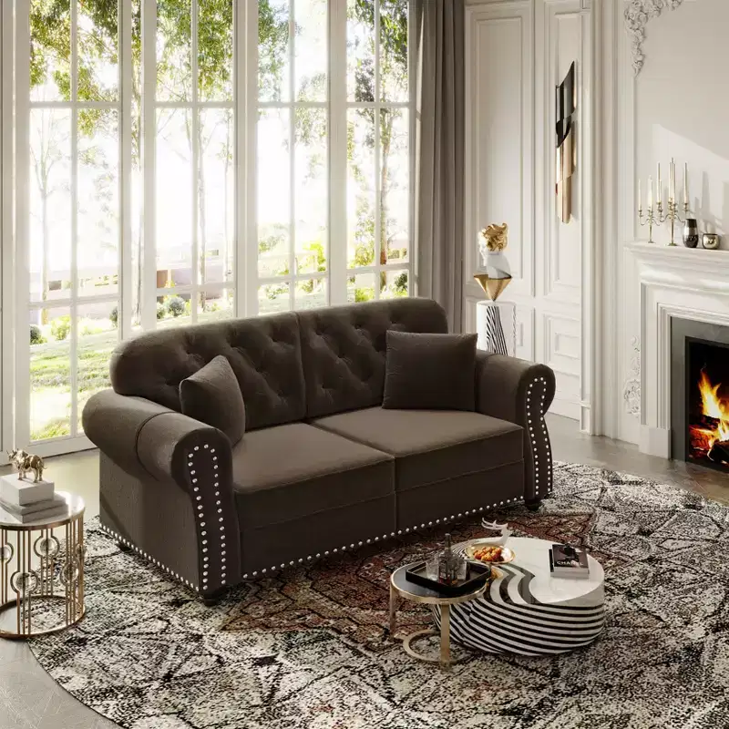 GDFStudio Eloise 63 Velvet Upholstered Chesterfield Loveseat with Nailhead Trim and Rolled Armrests