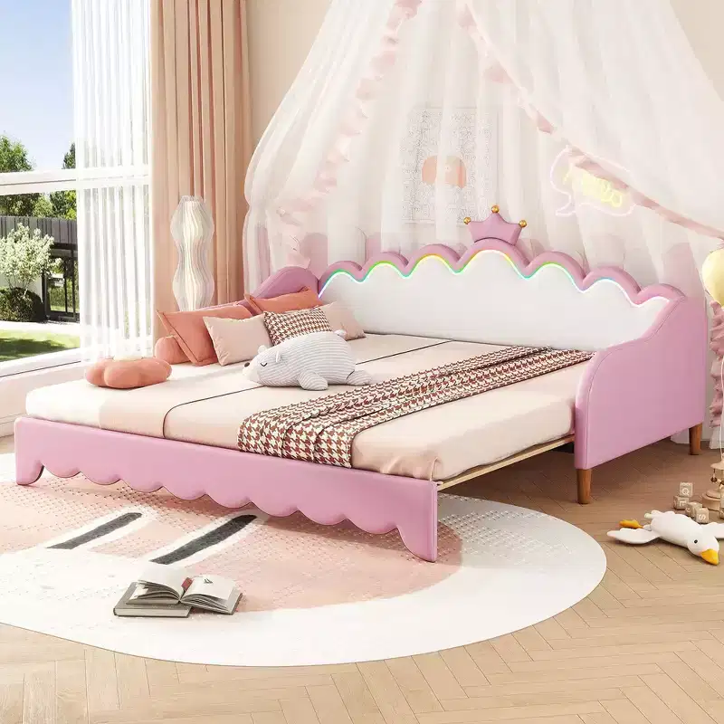 Twin Extending Daybed, Modern Upholstered Princess Daybed With Crown Headboard