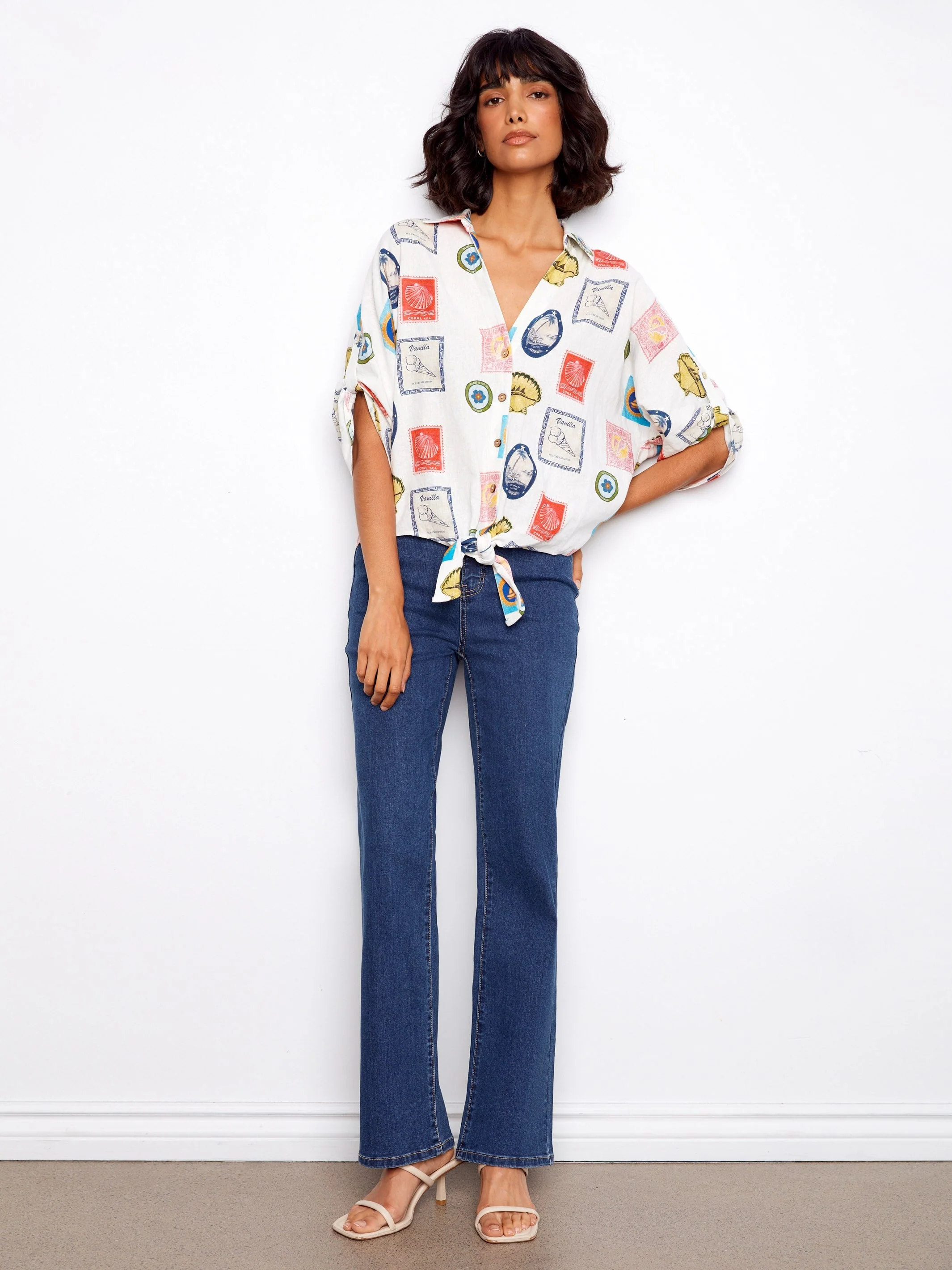 Printed Linen Blend Front-Tie Blouse - Graphic Print