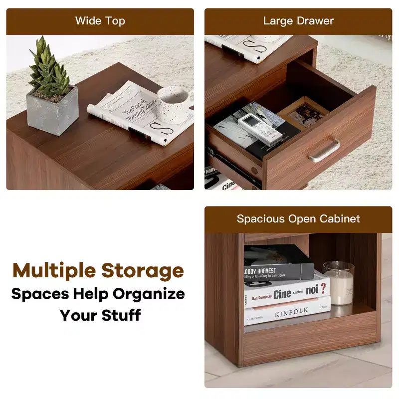 Modern Nightstand with Drawer and Open Shelf Black/Brown