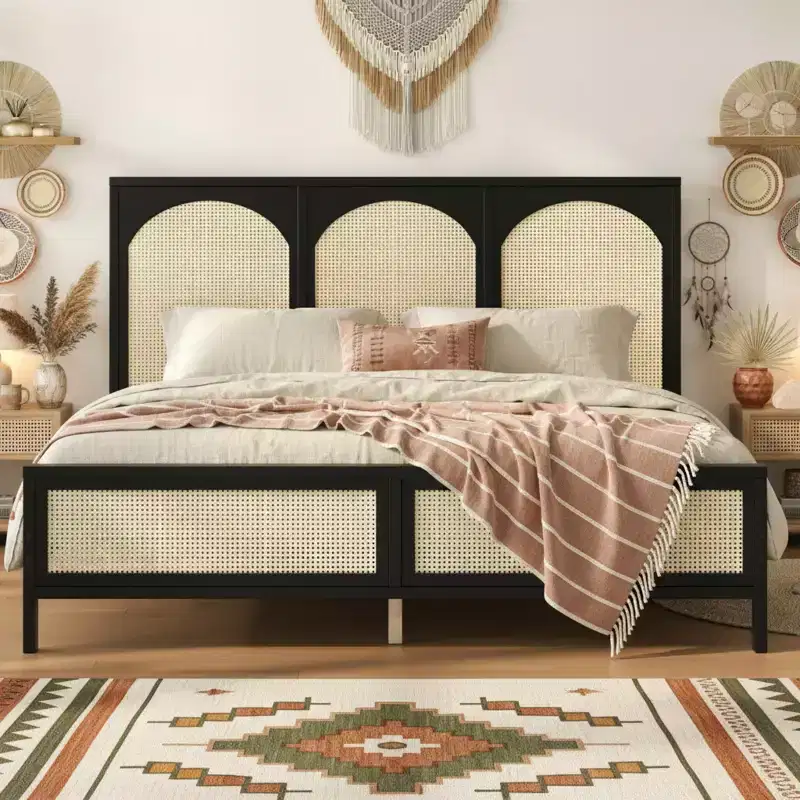 Polibi Wood Platform Bed with Arch Rattan Headboard
