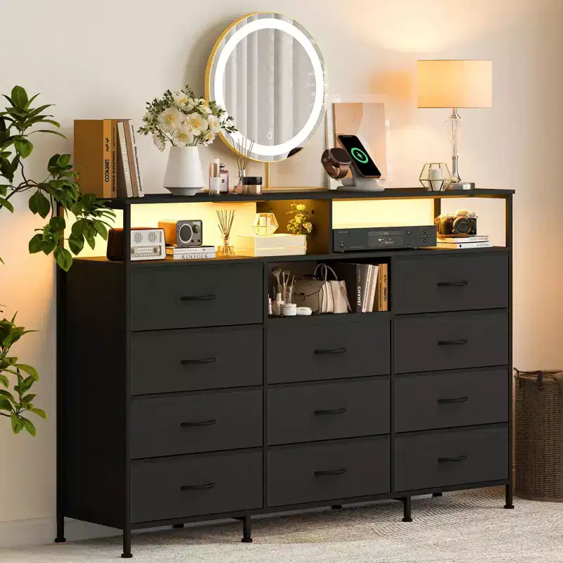 COZONY 55 TV Stand Fabric Dresser with 11 Drawers & Open Shelves, Storage Chest Organizer for Bedroom Living Room