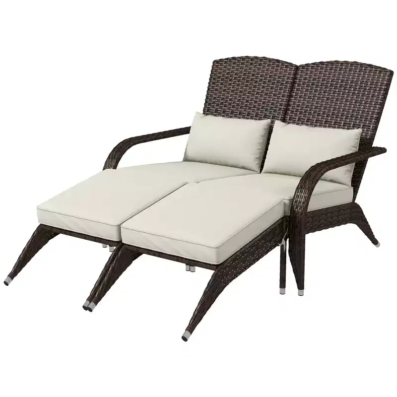 Wicker Adirondack Chair for 2 with Cushions & Footrests, PE Rattan Double Chaise Lounge Chair, Fire Pit Chair for Porch with Wide Armrests, High-back
