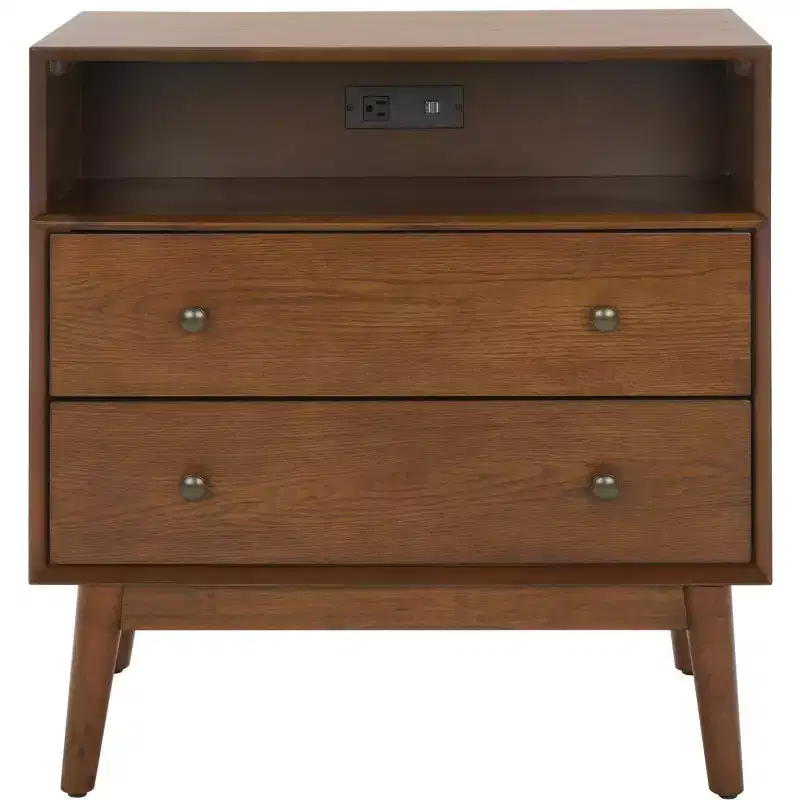 2-Drawer 1-Shelf Chest with USB Port, Medium Oak & Antique Gold, 29