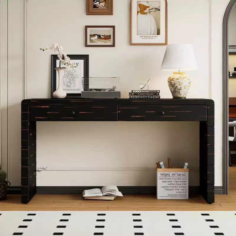 MAYEERTY Curved Console Table with Storage 2 Drawers Rustic Console Tables for Entryway Hallway Black