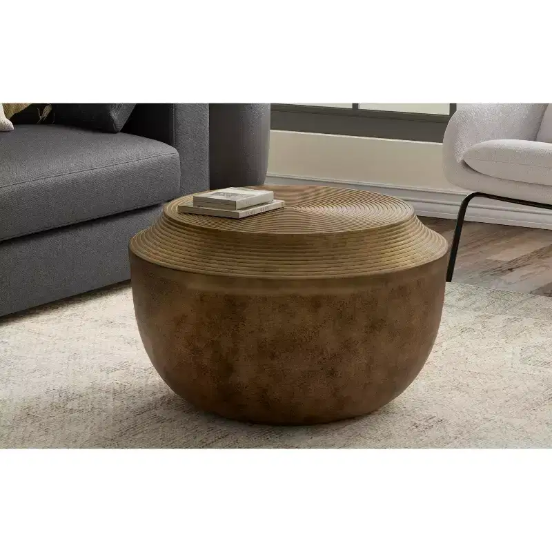 Bacall 21 inch Wide Round Contemporary Cast Aluminum Coffee Table in Antique Brass, Fully Assembled