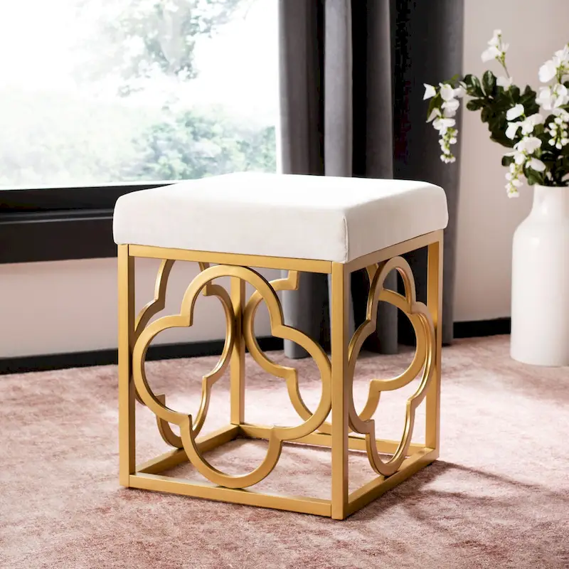 Navy / Emerald / Cream Velvet Square Ottoman with Gold Quatrefoil Frame for 1 Person