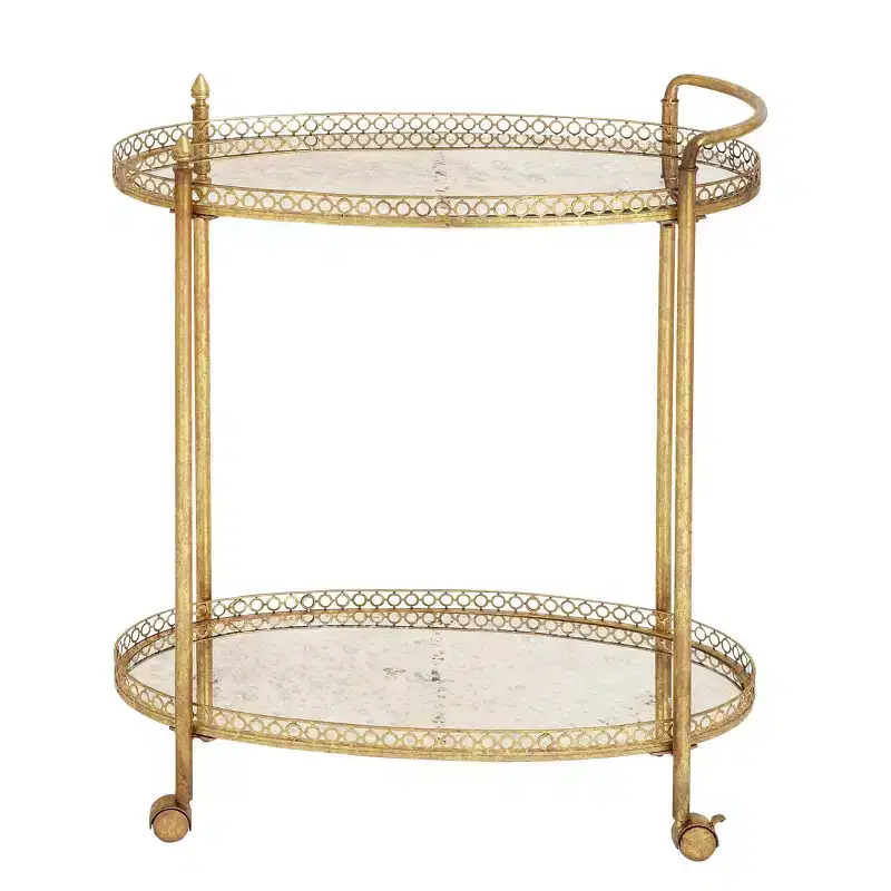 Oval Mirror Rolling Bar Cart Gold Traditional Style Serving Stand, Fixed Shelves, Iron Frame