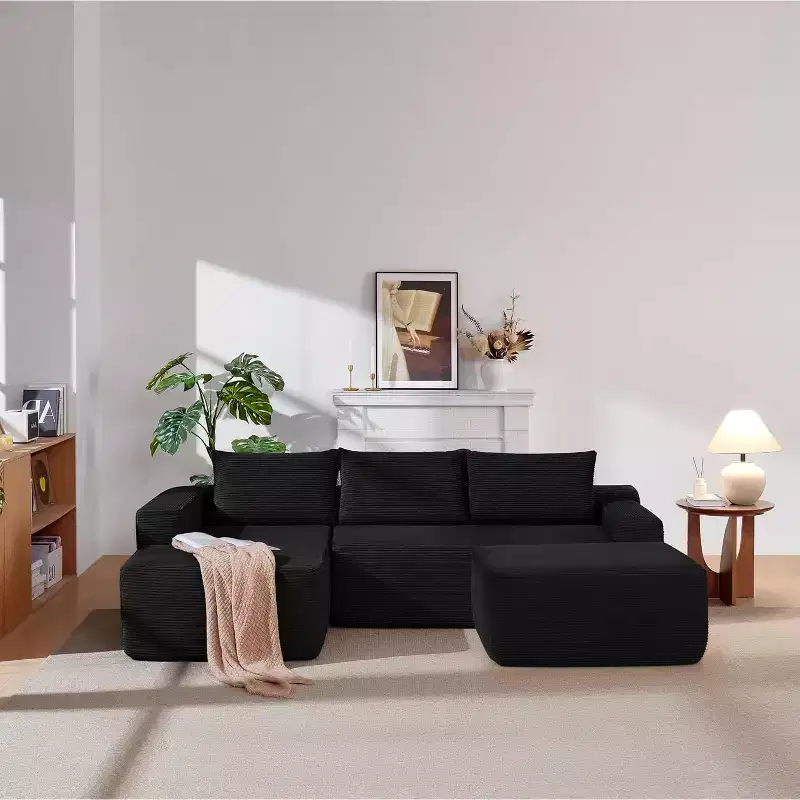 MooxvMoo 106 U-Shaped Cloud Sectional Sofa, Modern Modular Couch with Deep Seat, Corduroy Fabric, No Assembly, Black