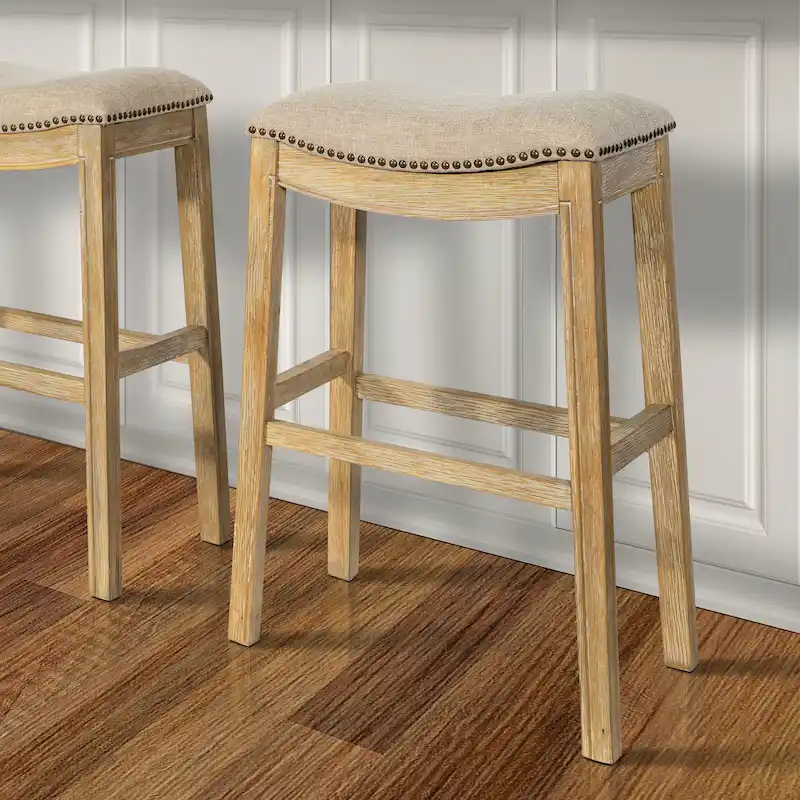 Saddle-Seat Wood Bar Stool with Upholstered Seat, Nailhead Trim