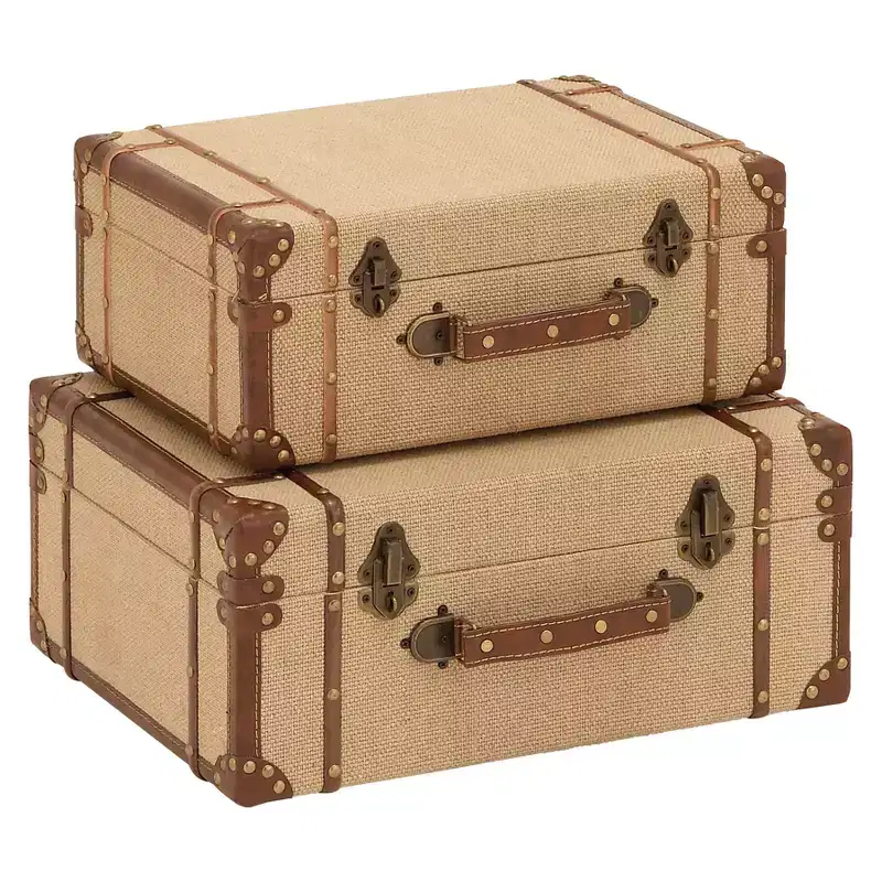 Set of 2 Wood Brown Trunks Brown - Olivia & May: Vintage Style, Hinged Lid, Fully Assembled Storage Chests