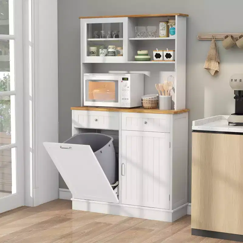 Wood Double Tilt-Out Trash Cabinet with Hutch