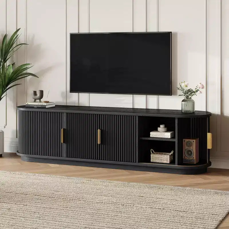 Farmhouse Wooden TV Stand with Sliding Tambour Door and Adjustable Storage