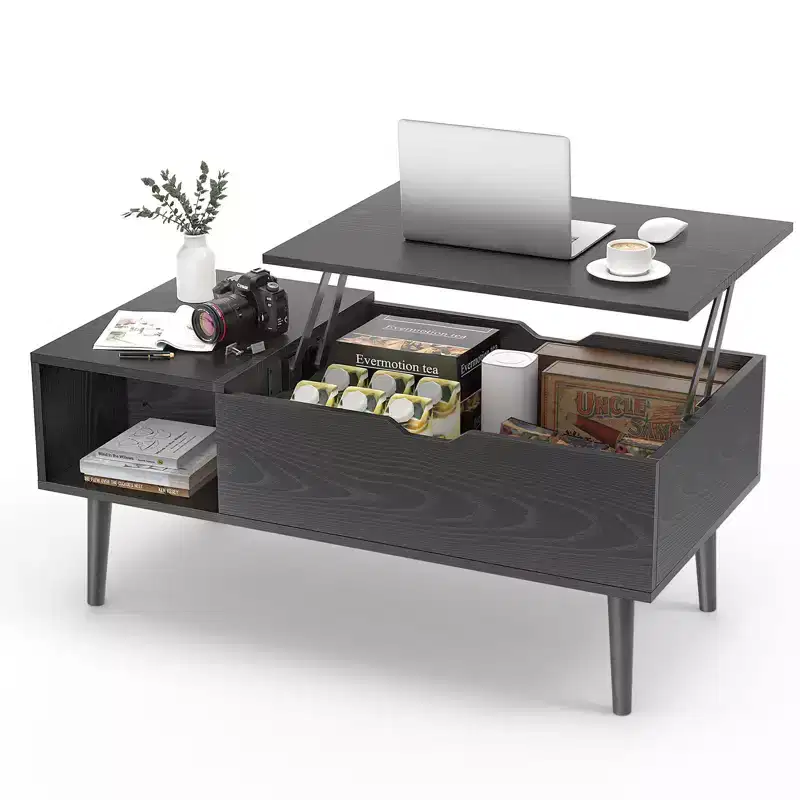 Lift-Top Coffee Table with Hidden Storage, MDF Top & Metal Legs, Black, 39.37