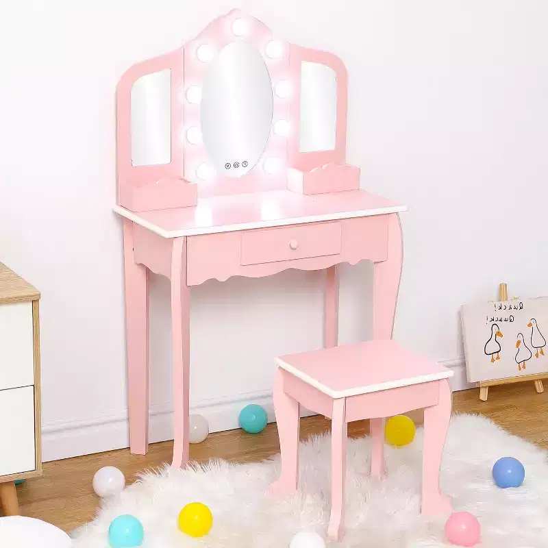 Kids Vanity Set with 3 Mirrors and Drawer, Makeup Play Table for Girls, Lights & Wooden Makeup Playset