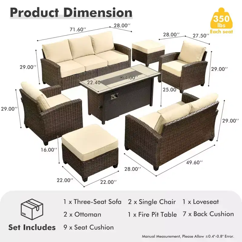 HOMLUX 7 Pieces Wicker Conversation Set, 3-Seat Sofa, Loveseat, Rattan Chairs, Ottomans & Firepit for Garden Backyard