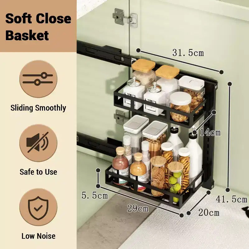 Under Sink Storage Organiser, 2 Tier Carbon Steel Pull Out Cabinet Organizer Rack with Sliding Basket, Under Sink Slide Out Storage Shelf