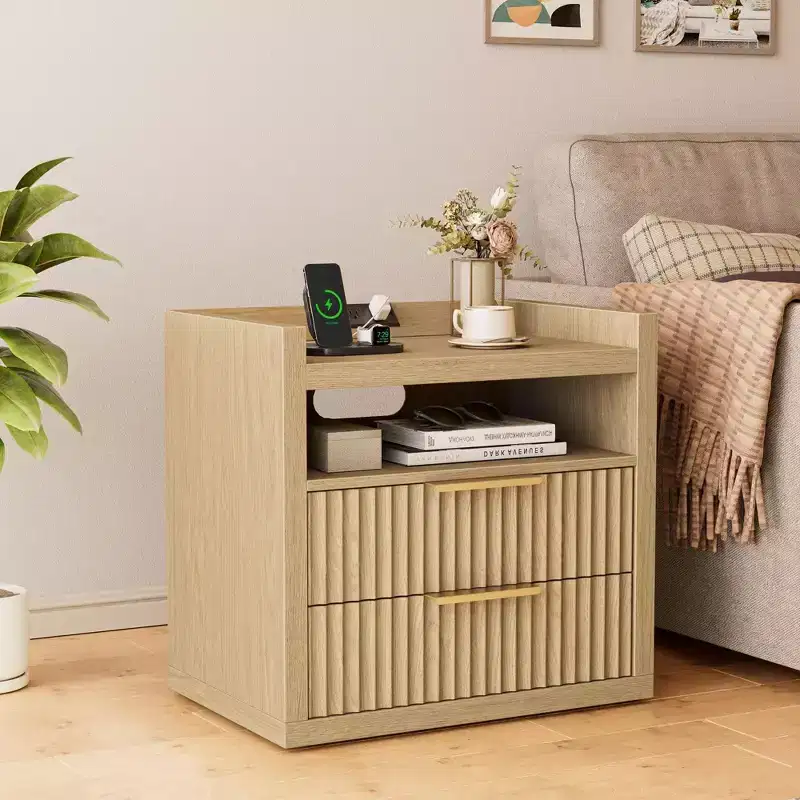 Natural Fluted End Table With Charging Station USB Ports 24 Inch Wide Nightstand 2 Drawers Wood Bedside Table Modern Storage Cabinet Living Room