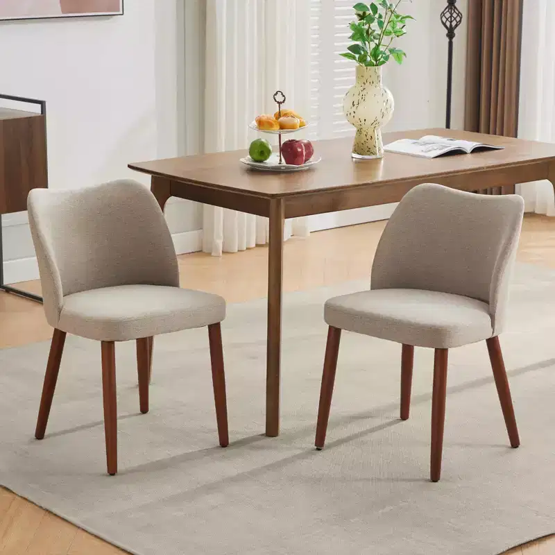 Set of 2 Modern Linen Upholstered Dining Chairs with Wing Backrest and Wood Legs, Comfortable Accent Seating for Dining Room, Kitchen, Living Room