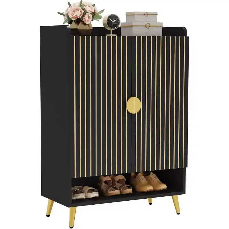 Lantine 7-Tier Black Wooden Shoe Cabinet with Doors and Adjustable Shelves, ideal for Entryway, Hallway, Closet, Living Room shoe storage.