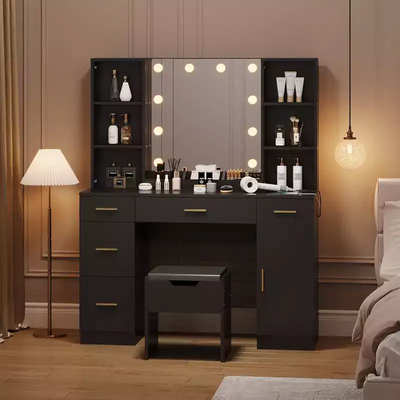 COZONY Farmhouse Vanity Set with Lighted Mirror, Makeup Dressing Table with Charging Station and Storage for Bedroom