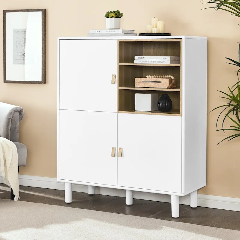 Multifunctional Storage cabinet with door, modern sideboard cabinet, wooden storage cabinet, leather handle drawer cabinet