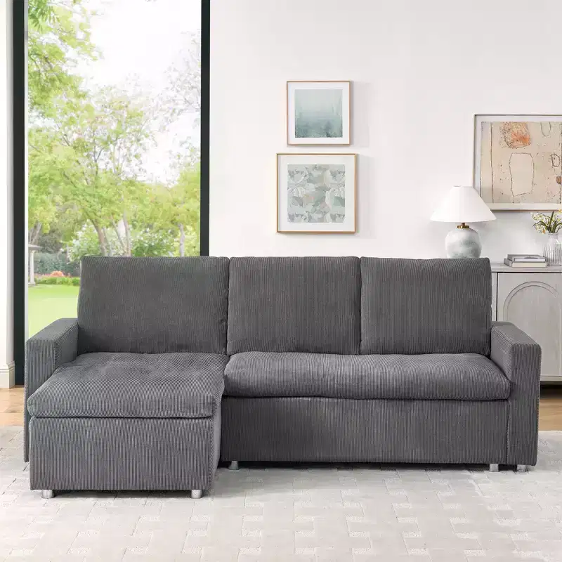 90 L-Shaped Convertible Sleeper Sofa Bed, Pull Out Bed with Storage & Removable Corduroy Covers for Living Room