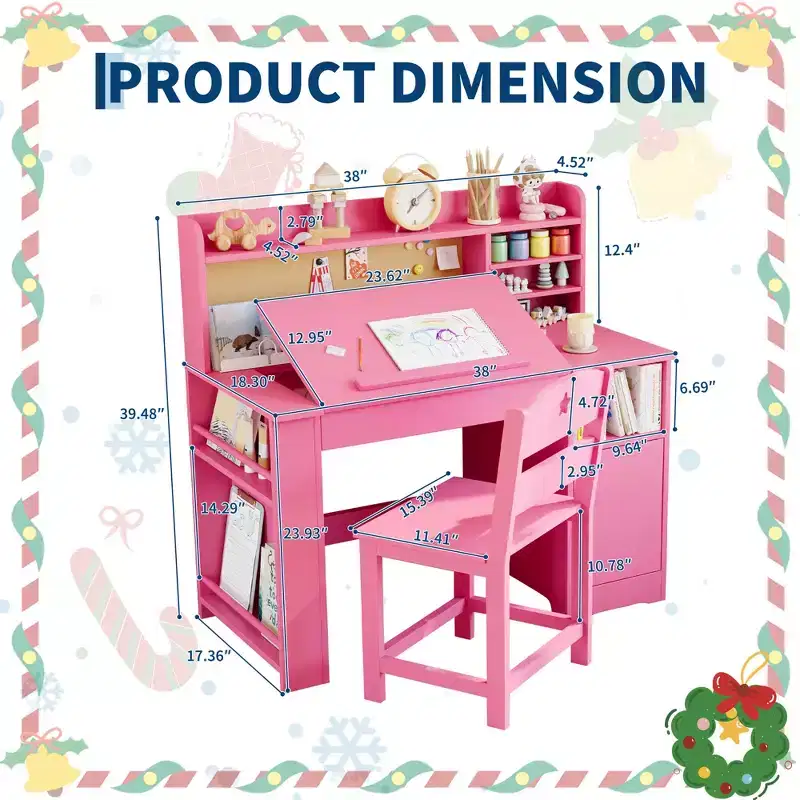 Kids Study Desk and Chair Set,Kids Desk with Hutch and Tiltable Desktop,Wooden Children Study Table with Storage Cabinet,Student Writing Desks
