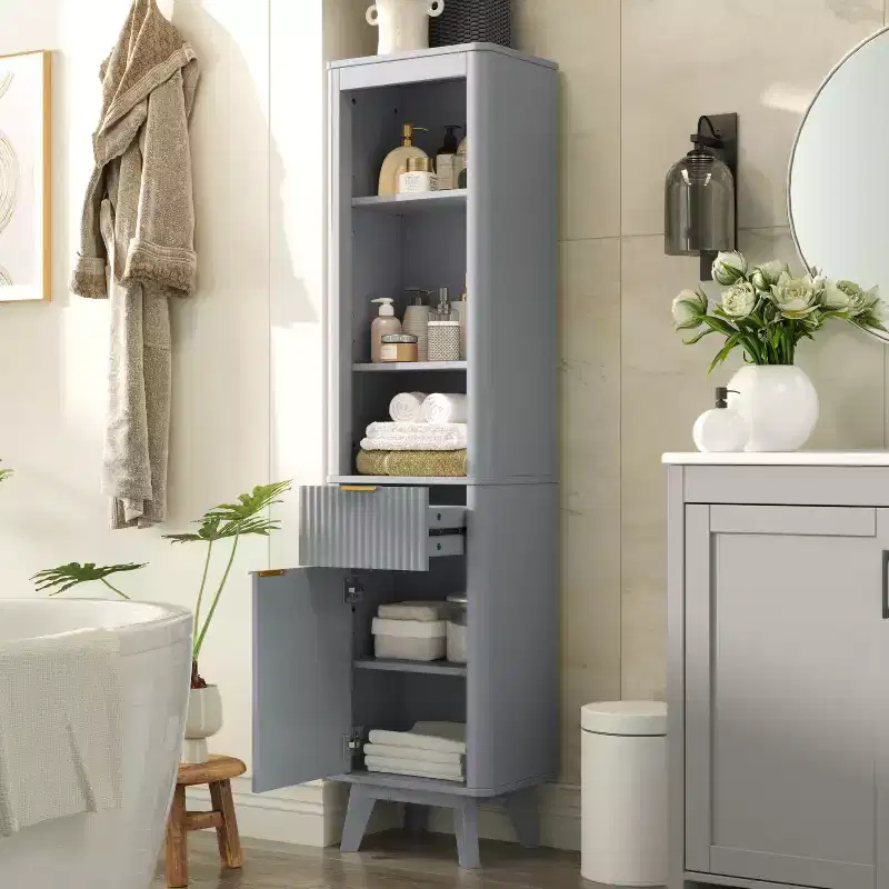 Modern Tall Bathroom Storage Cabinet with Drawer and Door, Wood