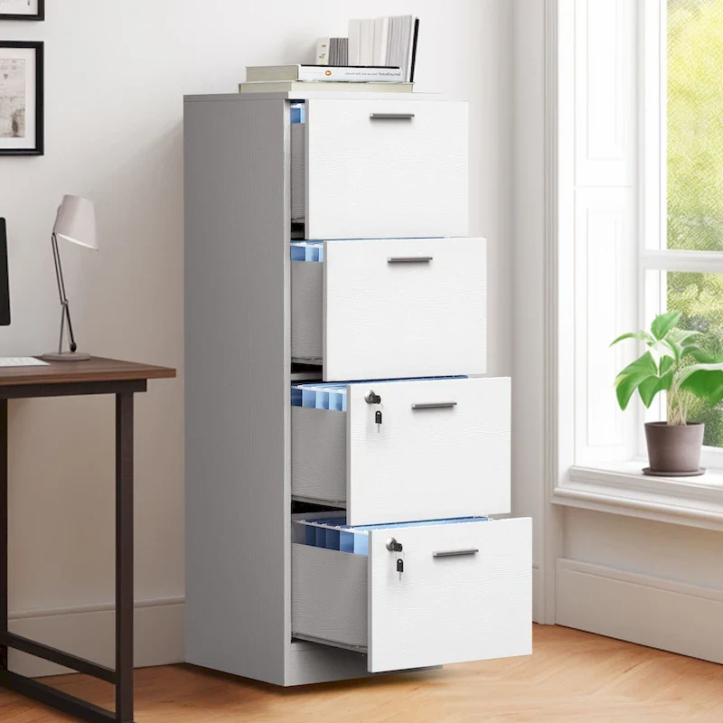 Vertical 4-Drawer Locking File Cabinet, White & Black, Single User – Letter/A4