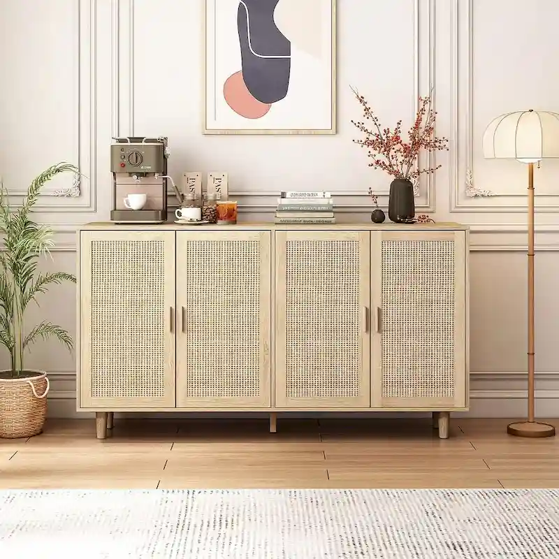 Rattan Decorative 4 Doors Freestanding Storage Cabinet