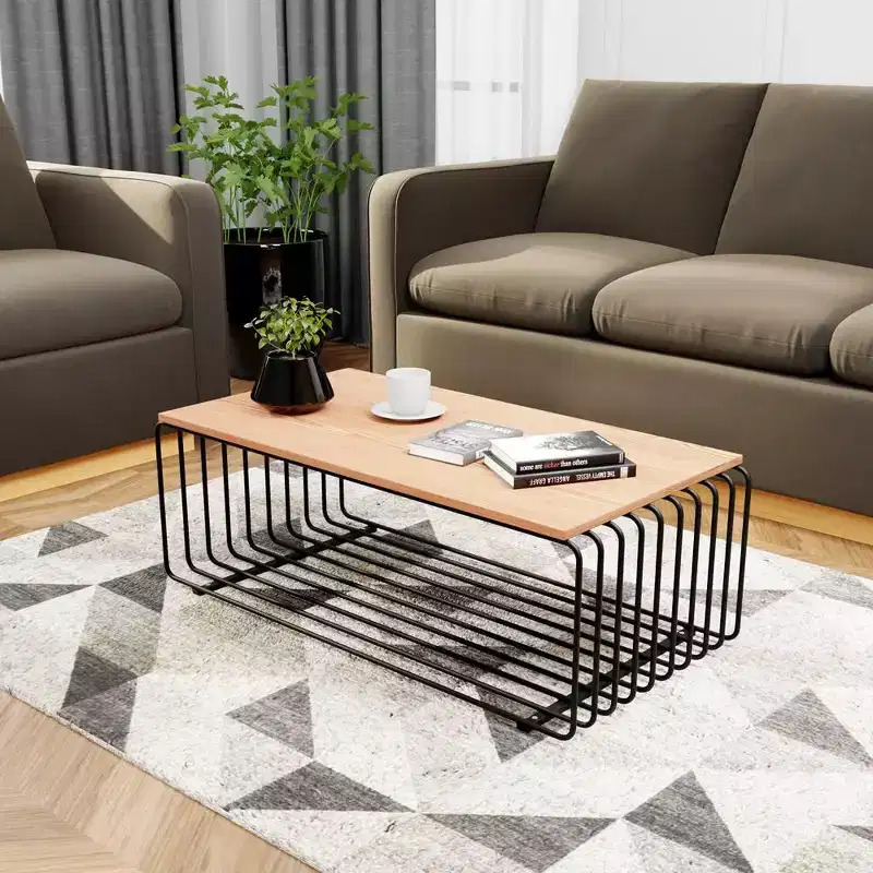 LeisureMod Walden Modern Rectangular Coffee Table - Wood Veneer Top with Architectural Ribbed Wireframe Steel Base