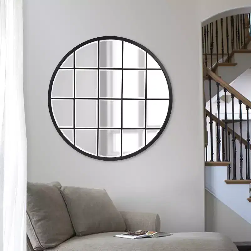 Howard Elliott 36"x36" Round Wall Mirror with Metal Windowpane Frame: Oil Rubbed Bronze, Beveled Glass, No Assembly Required