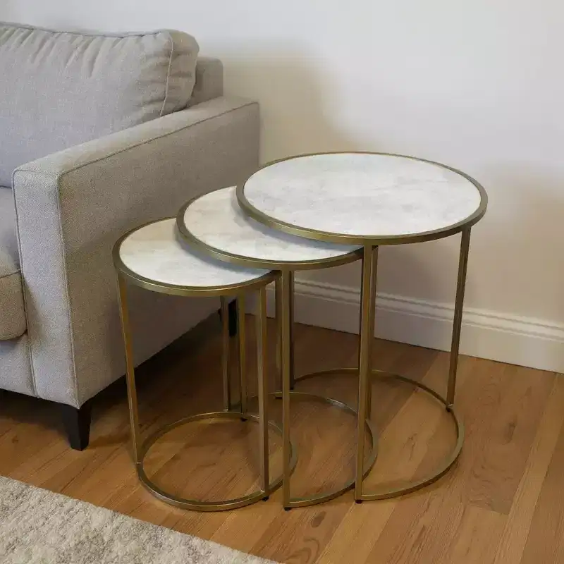 Round Nested Tables, White & Antiqued Gold Marble and Iron