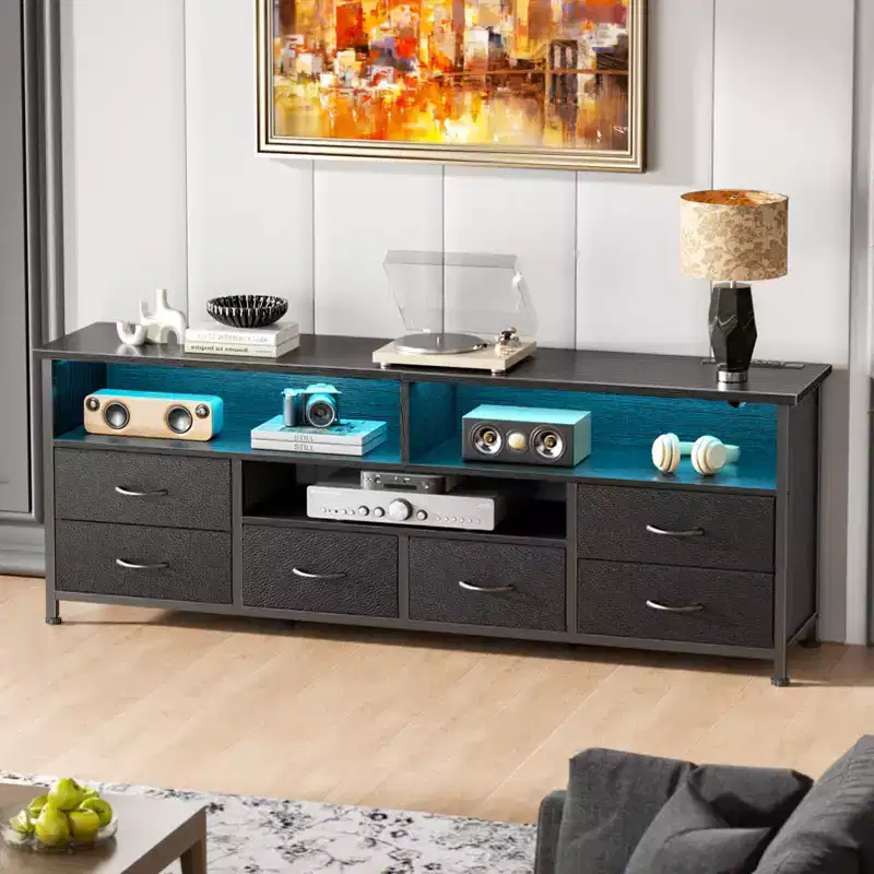 Qwatto 55 Inch Black TV Stand Dresser with Charging Station LED Lights 6 Fabric Drawers Entertainment Center for TVs up to 60 Inch Media Console