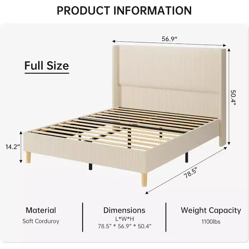 Full Bed Frame, Upholstered Platform Corduroy Bed Frame with Vertical Channel Tufted Wingback Headboard, Strong Wooden Slats, Easy Assembly, Beige