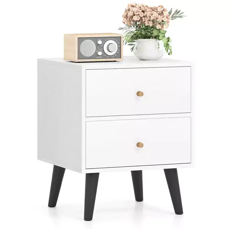 Costway 1/2 PCS Nightstand with 2 Drawer with Storage, Small Accent Table with Golden Knobs