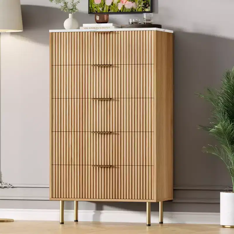 White / Marble & Wood 5-Drawer Dresser – Fluted Panel, for 1 Person Use