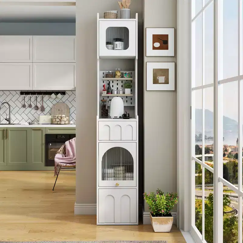 Modern 70.87'' Tall Storage Cabinet with 2 Drawers and Glass Doors