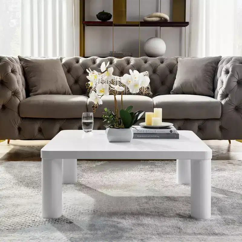 Modern Square Coffee Table with Rounded Corners, MDF Cream White Coffee Table, Easy to Assemble Living Room Center Table,Sturdy Sofa Table for Home