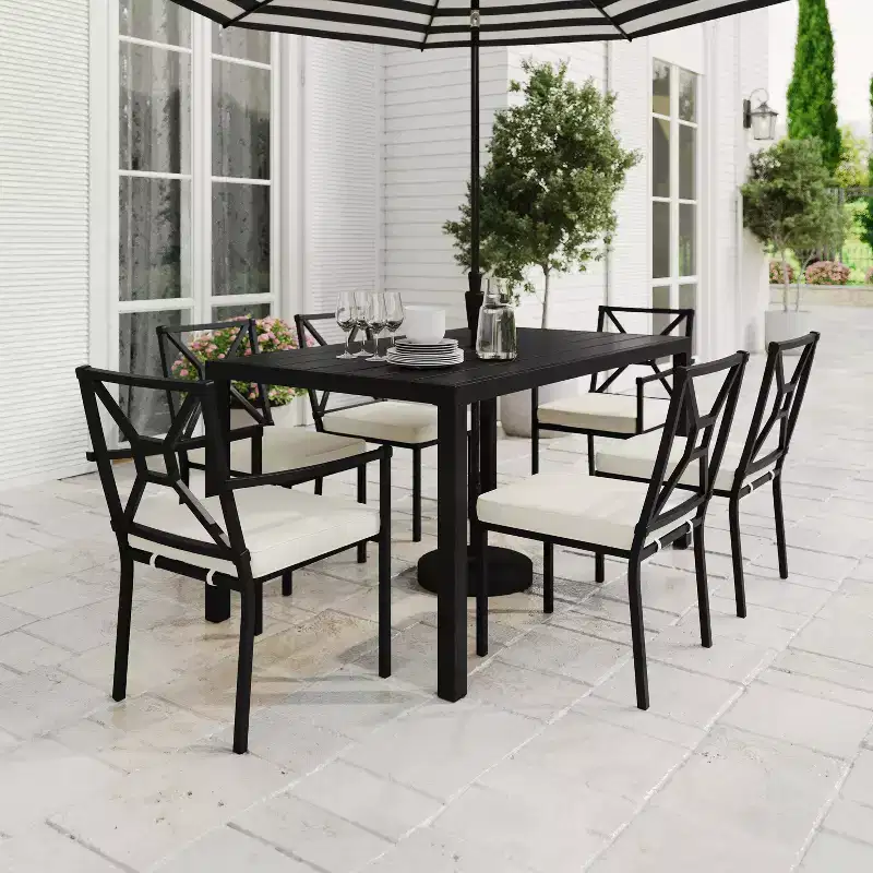 Martha Stewart 7-Piece Steel Patio Dining Set with 6 Stackable Chairs and 62 Table in Black