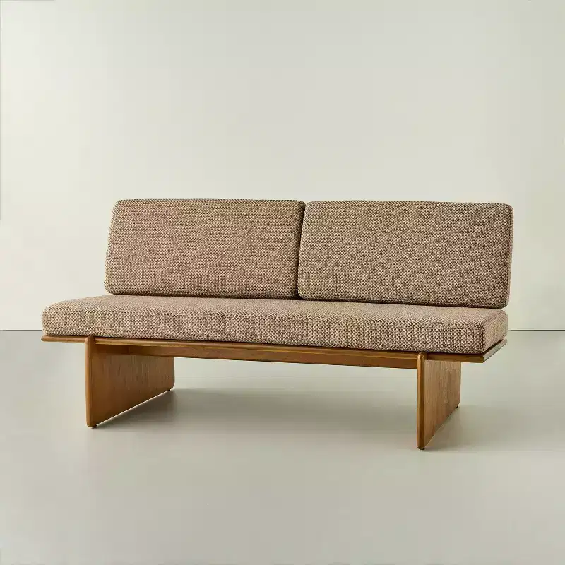 Mushroom Weave Upholstered Mid-Century Bench with Back