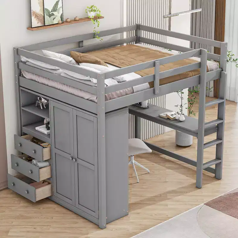 Okak Wood Bunk Bed with Built-in Wardrobe, Storage Shelves, Loft Bunk Bed with Desk & Drawers for Teens, Easy Assemble