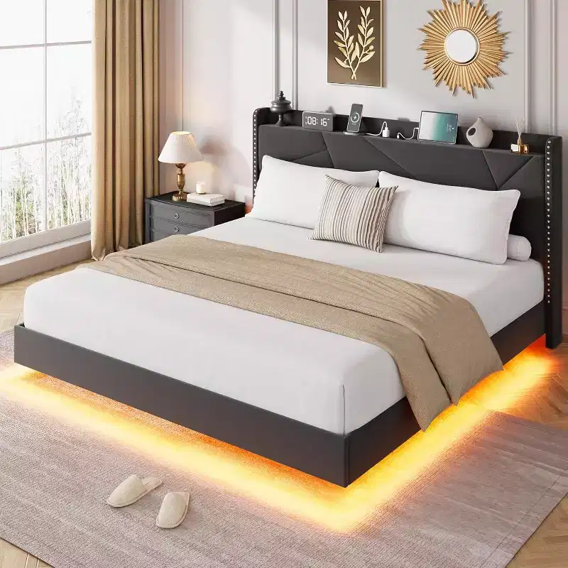Modern Floating Platform Bed Frame with RGB LED Lights, Charging Station & Wooden Slats