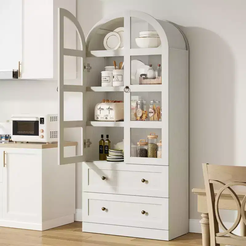 Tall Farmhouse Kitchen Pantry, Arched Wood Kitchens Storage Cabinets with 2 Large Drawers, Easy Assembly