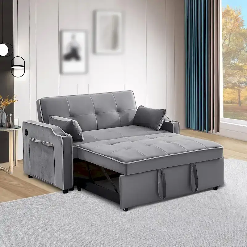 3 in 1 Convertible Sleeper Sofa Bed, Modern Velvet Loveseat Lounge Sofa with Pull-Out Bed