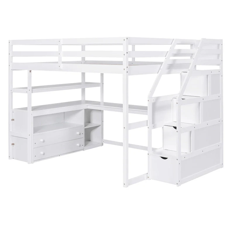 Loft Bed with Desk and Shelves, 2 Built-In Drawers, Storage Staircase