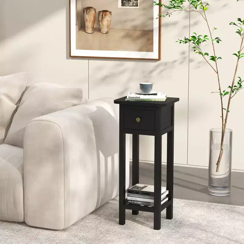 Costway Solid Wood Side Table Telephone Table with Drawer & Open Shelf for Living Room