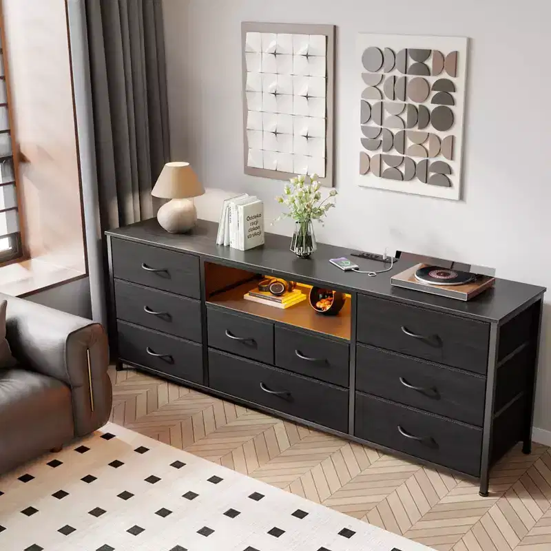 9 Drawer Wide Dresser for Bedroom 63 Inch Black Fabric Storage Chest with LED Lights and Power Outlets fits 75 Inch TV Media Console Organizer Cabinet
